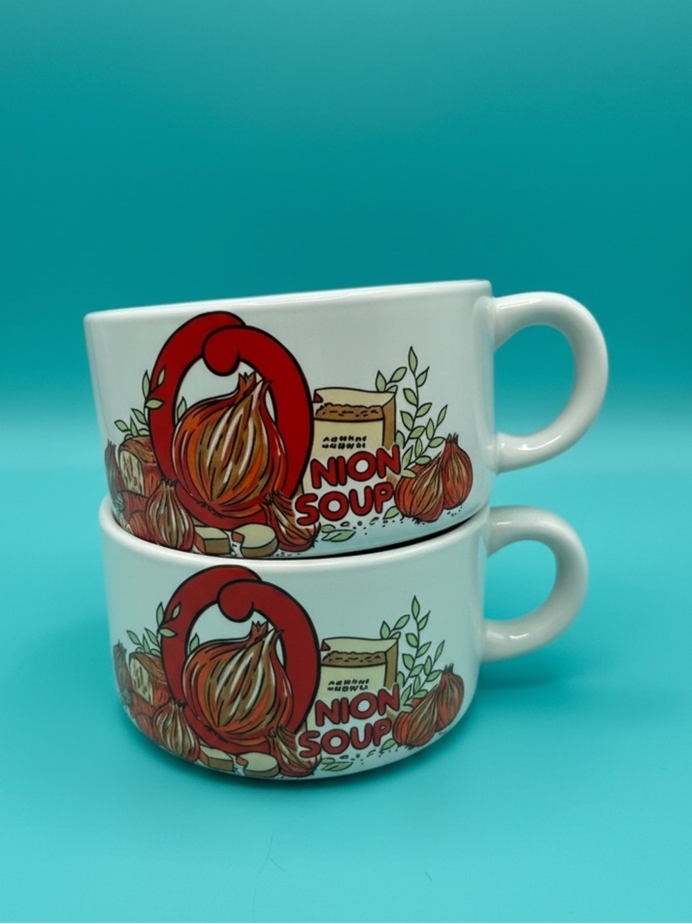 Vintage Retro Onion Soup Mugs Bowls Set of 2 Ceramic White Red